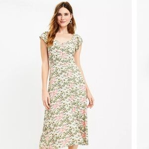 Petite Floral Cap Sleeve Button Midi Dress size 2P Loft Petite